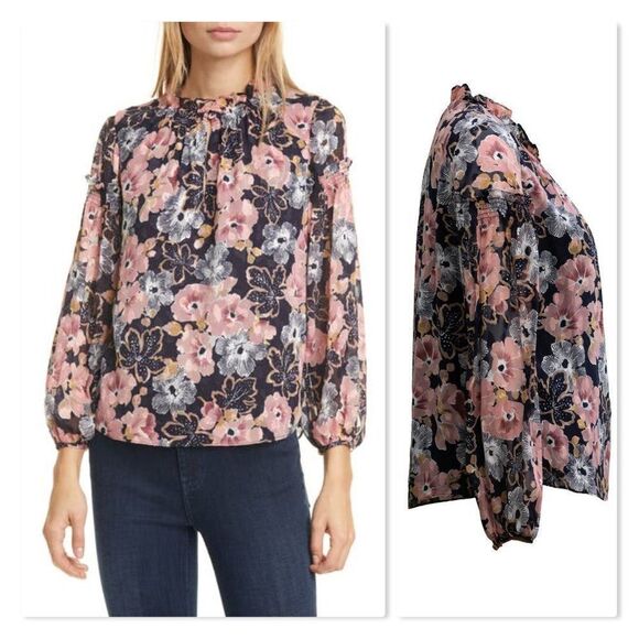 Rebecca Tylor Jardin Keyhole Neck Blouse In Indigo - Picture 1 of 13